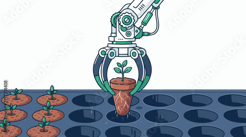 Robot Gardener Watering and Nurturing a Plant in Hydroponic System. Ai Automation Concept for Smart Agriculture and Sustainable Farming Technology.