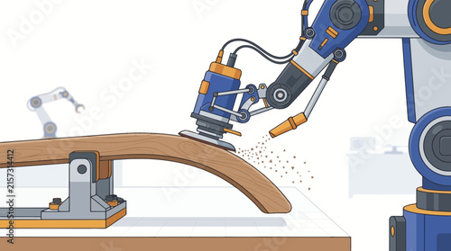 Industrial Robotic Arm Sanding Wooden Surface with Precision Tools. Automation and Manufacturing Technology Concept for Smart Factories.