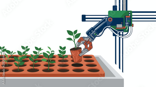 Robotic Arm Transplanting Young Plant Into Seedling Tray. Agricultural Automation and Smart Farming Technology Concept for Precision Horticulture.