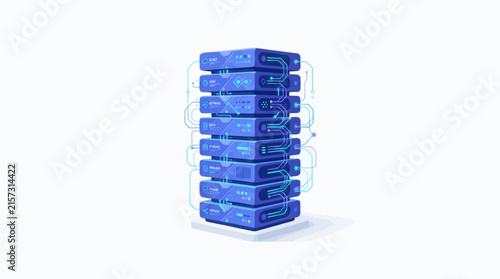 Server Modules Stack with Interconnected Data Flow and Digital Network Nodes. 3d Isometric Technology Hardware for Cloud Computing and It Infrastructu