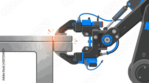 Robotic Welding Arm with Clamp Holding Metal Beam During Industrial Automation Process. High-Precision Manufacturing and Engineering Concept.