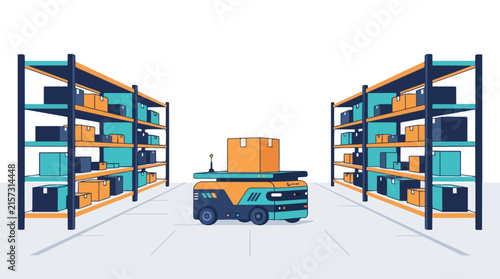 Warehouse Logistics Robot Transporting Packages on Autonomous Cart in Industrial Shelving System. Smart Inventory Management and Automated Fulfillment