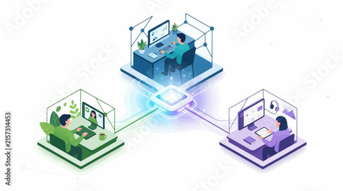 Digital Workstations Connected via Cloud Network for Remote Collaboration. Smart Office Technology and Virtual Teamwork Concept Illustration.