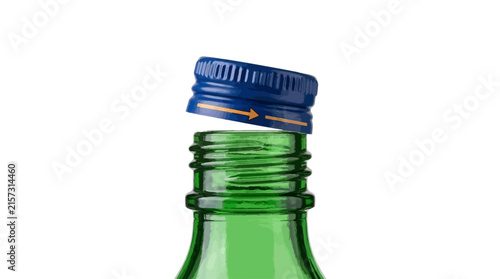 Plastic Bottle with Blue and Green Threaded Cap Being Tightened. Secure Packaging Closure Concept for Beverages, Chemicals, or Pharmaceuticals.