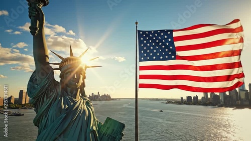 Statue of Liberty and American Flag Waving at Sunrise New York City Skyline