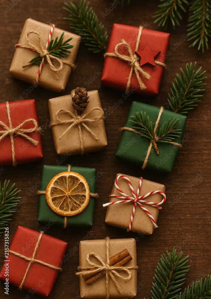 Fototapeta premium Festive gifts with natural elements.