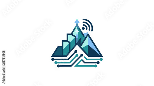 Abstract geometric mountain with circuit board and signal icon.