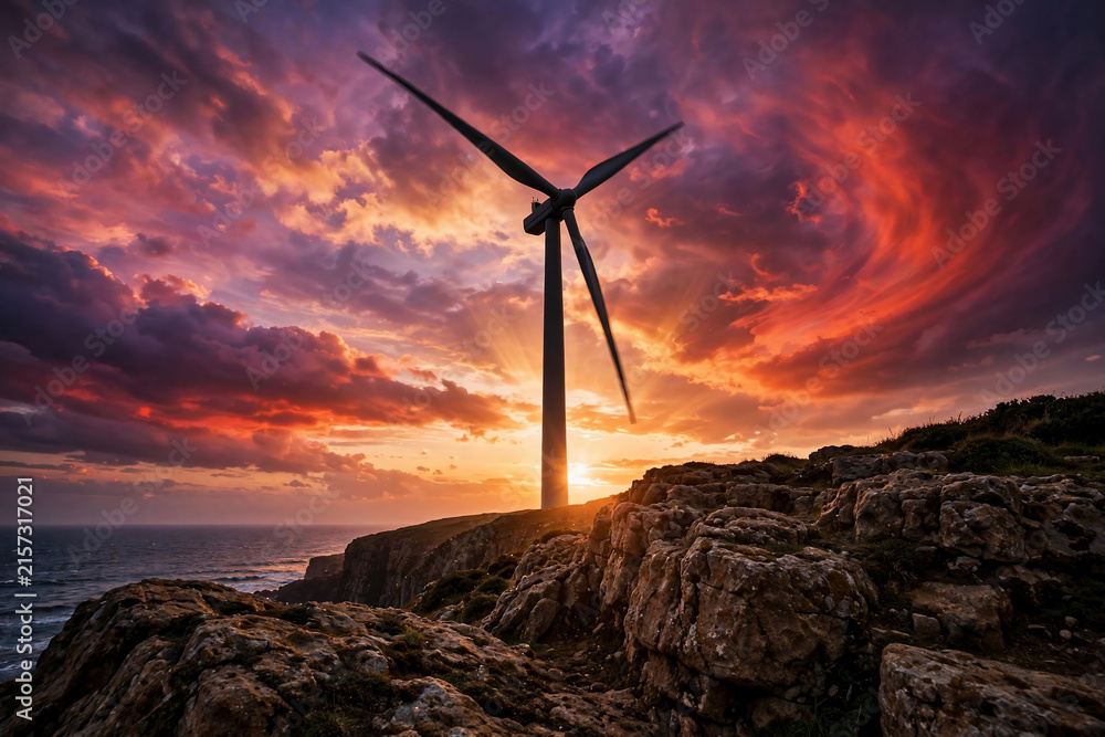 Obraz premium Silhouette of a wind turbine against a vibrant sunset sky over the ocean, dramatic clouds and rocky coast, ideal for renewable energy, environmental awareness and travel marketing