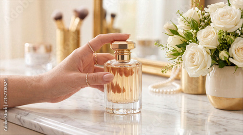 Woman hand touching luxury perfume bottle on marble vanity table