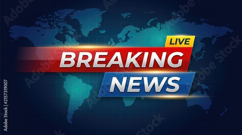 Breaking news broadcast graphic with vibrant red and blue text elements over a global world map