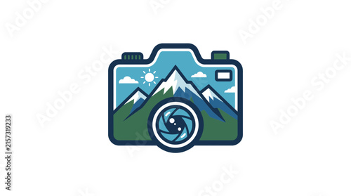Camera icon with mountain landscape and aperture lens.