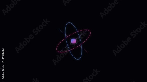 Neon atom model rotating animation: minimalist science concept for physics, technology, and education backgrounds 4k