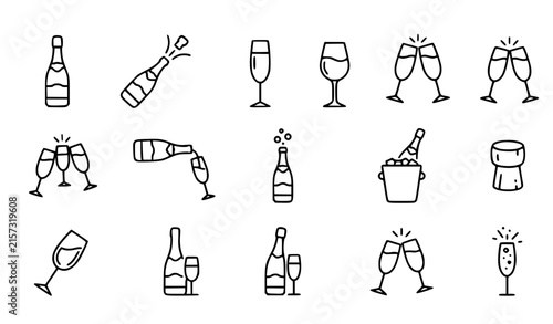 Champagne bottle and glass celebration pictogram vector icon collection