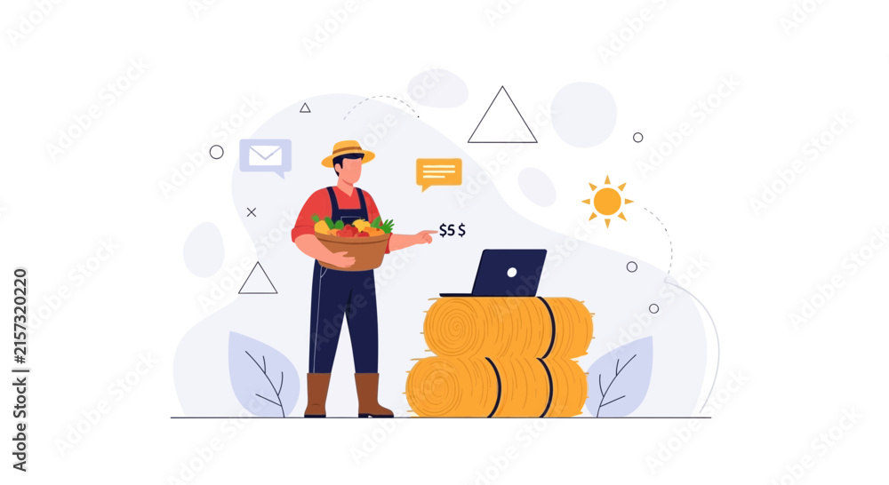 Fototapeta premium Farmer with basket of fresh produce and laptop on hay bales, symbolizing smart agriculture and online business