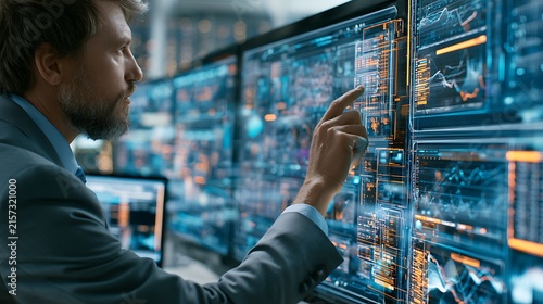 man in business suit interacting with futuristic data screens