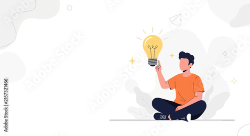 Man with Glowing Light Bulb Above Head, Symbolizing Idea, Creativity, and Innovation