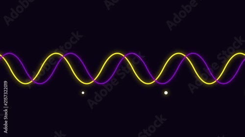 Neon sine wave animation: abstract glowing purple and yellow oscillating frequency lines 4k