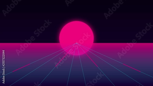 Retro synthwave horizon with glowing neon sun and cyberpunk grid lines for futuristic digital backgrounds animation 4k