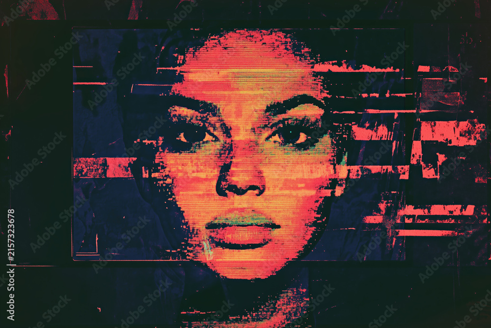 Naklejka premium abstract screen art, persons face on the screen of an old vhs tape, variation 02, illustration
