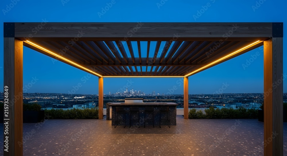 Fototapeta premium Modern rooftop pergola with integrated lighting overlooking a city skyline at dusk.