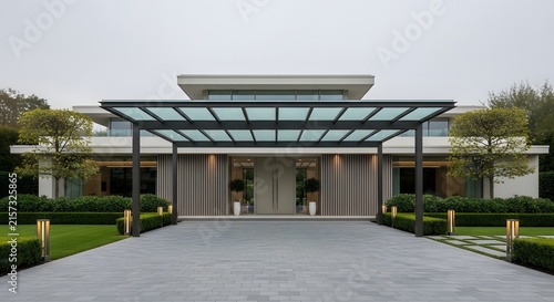 Modern luxury house exterior with a glass canopy over the driveway entrance.