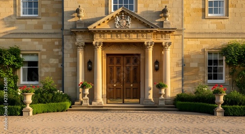 Grand entrance of a historic English country manor house with stone pillars and wooden doors.