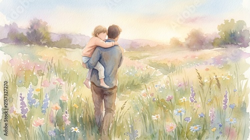 Watercolor painting of father carrying child through flower field.