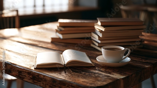 books and coffee on a wooden table in a library