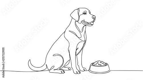 Continuous line drawing of a happy Labrador dog sitting next to a food bowl