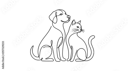 Dog and Cat Line Art Illustration, Simple Minimalist Friendship Symbol