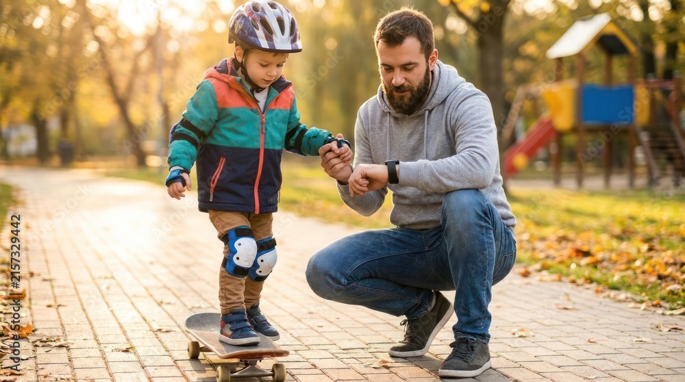 Obraz premium Father teaching young son to ride skateboard outdoors