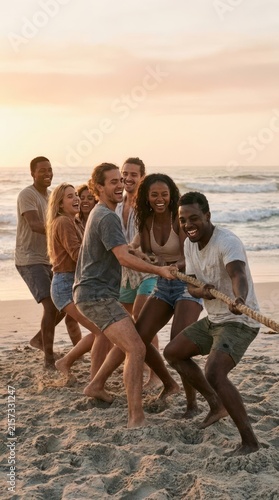 Friends playing tug of war on beach.