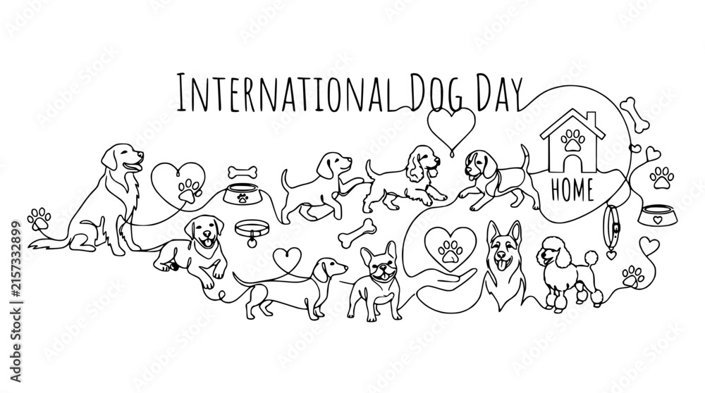 Fototapeta premium International Dog Day illustration: various dog breeds, paw prints, bones, heart, house