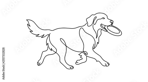 Continuous line drawing of a happy golden retriever dog playing with a frisbee, isolated on white.