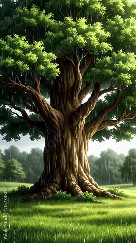 Majestic oak tree in vibrant green meadow