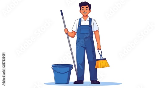 Professional male janitor holding cleaning supplies smiling.