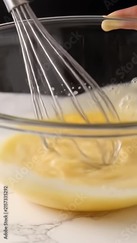 Metal whisk beating fresh raw eggs in bowl.