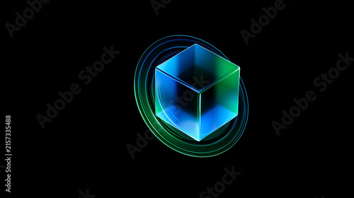 Sleek Abstract Glowing Data Cube Moving Through a Futuristic Holographic Security Ring