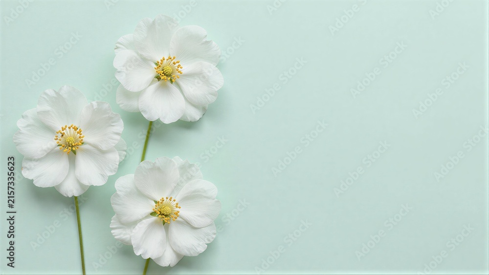 Obraz premium Three delicate white flowers with yellow centers rest on a soft mint background.