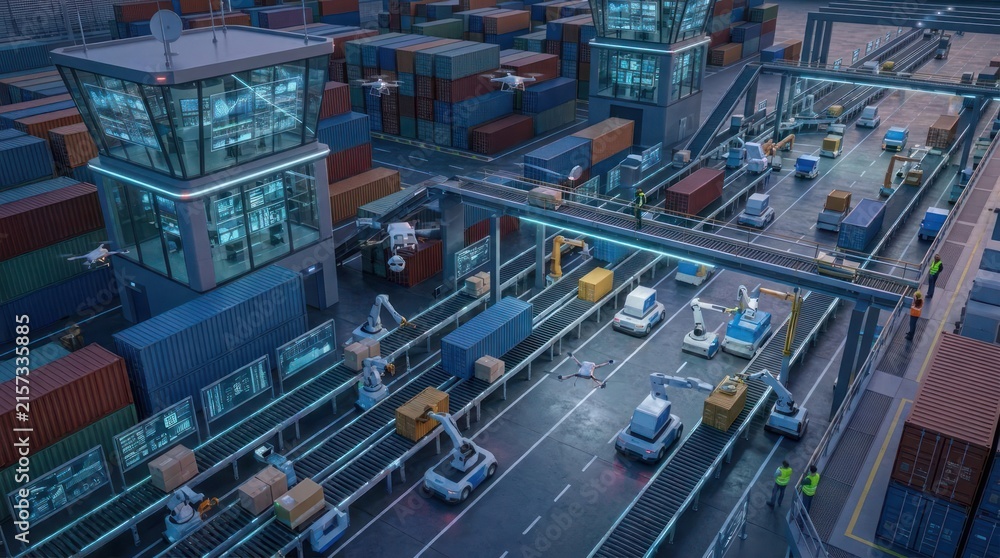 Fototapeta premium Automated shipping port with robotic transport.