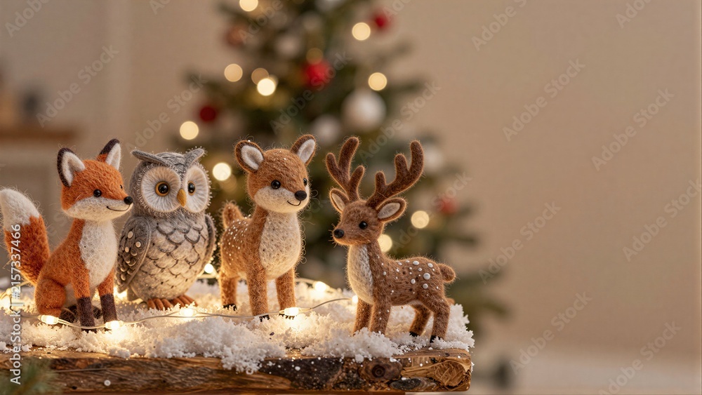 Naklejka premium Felt animals gather on snowy table near glowing Christmas tree.