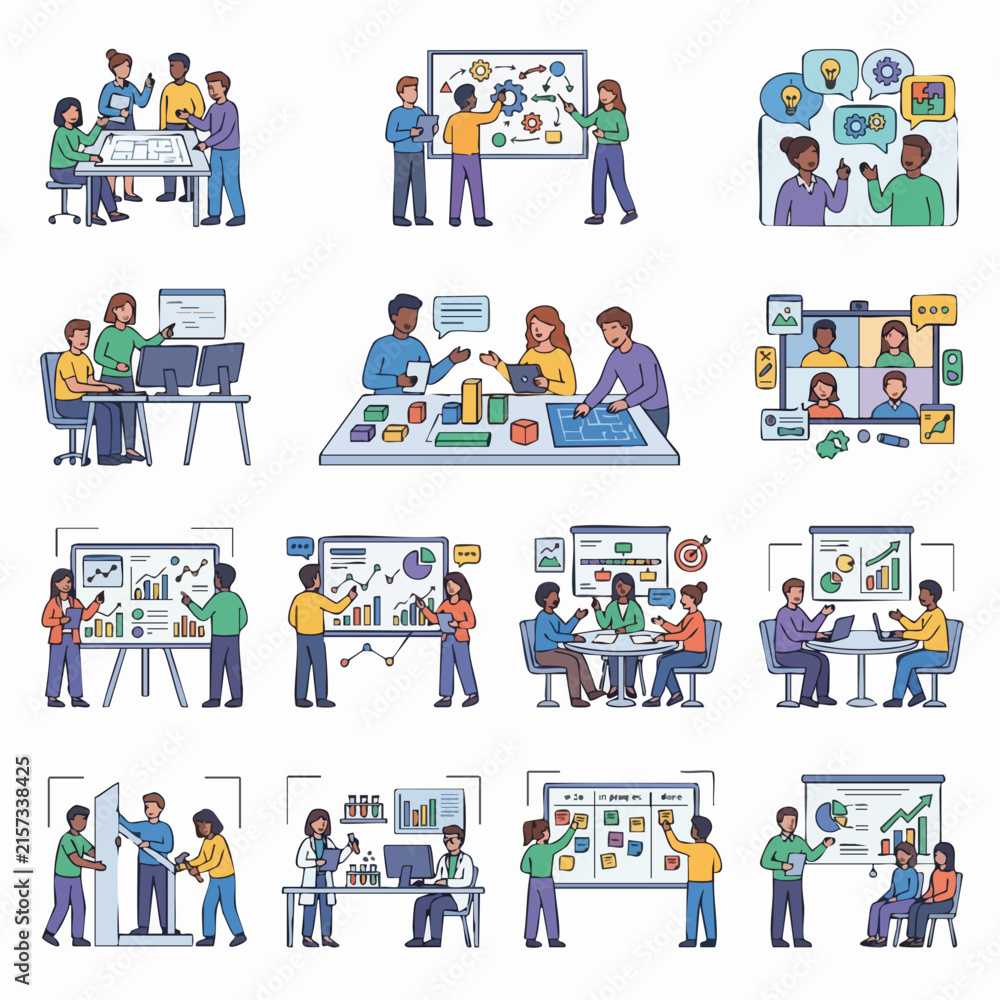 Fototapeta premium Illustrated diverse team collaborating in virtual meetings.