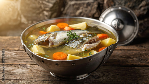 Rustic fish soup with whole fish, potatoes and carrots in metal pot on wooden table