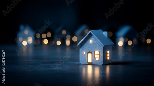 Small illuminated toy house on dark surface with blurred lights miniature residential