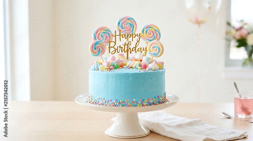 Obraz premium Colorful birthday cake with lollipop toppers on a wooden table.