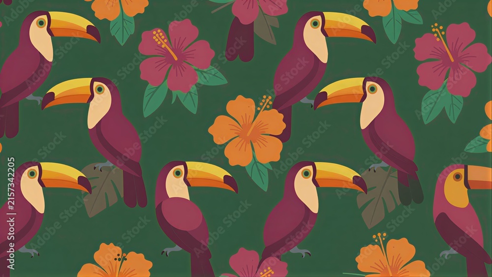 Naklejka premium Toucans and tropical flowers in vibrant, repeating pattern on green background.