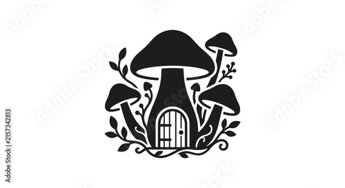 Whimsical Mushroom House Silhouette with Door and Windows.
