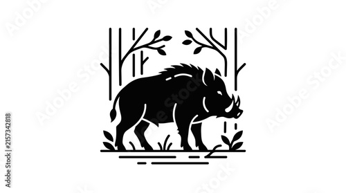 Wild Boar Silhouette in Forest Illustration.