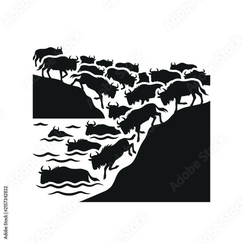 Wildebeest Herd Migrating Across River Landscape Silhouette.