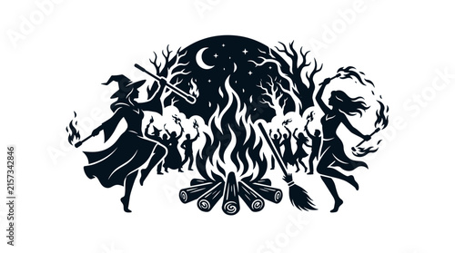 Witches dancing around a bonfire under the moon.